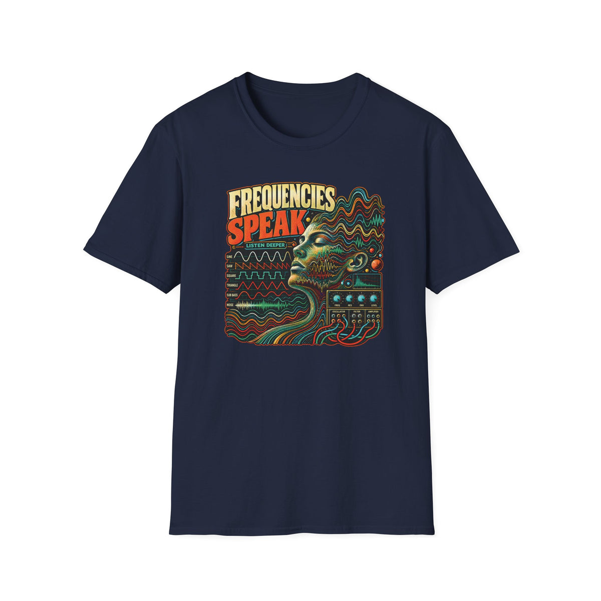 Navy Frequencies Speak T-shirt with a profile formed by waves above synthesizer controls.