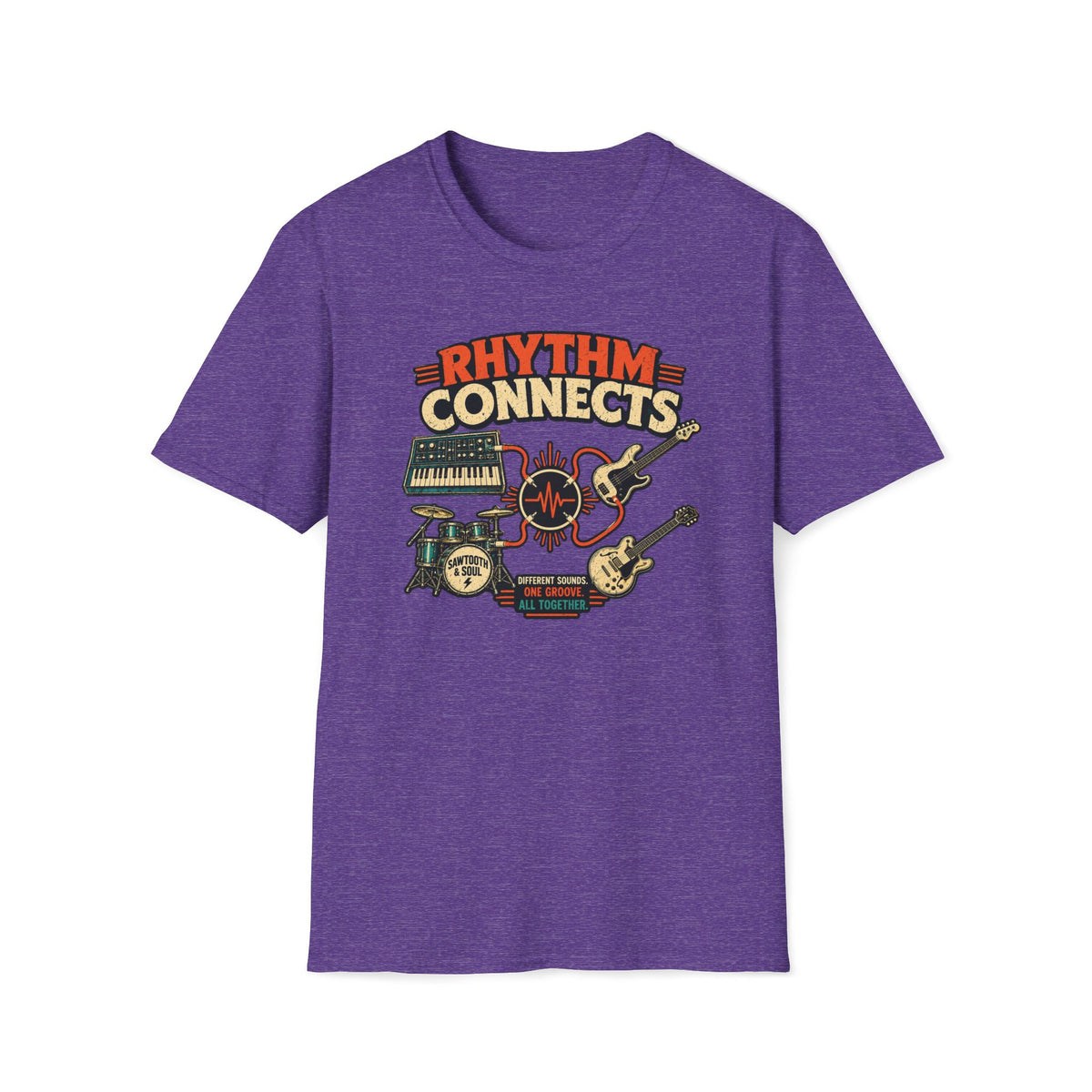 Heather purple Rhythm Connects T-shirt with band instruments linked by orange cables and a waveform.