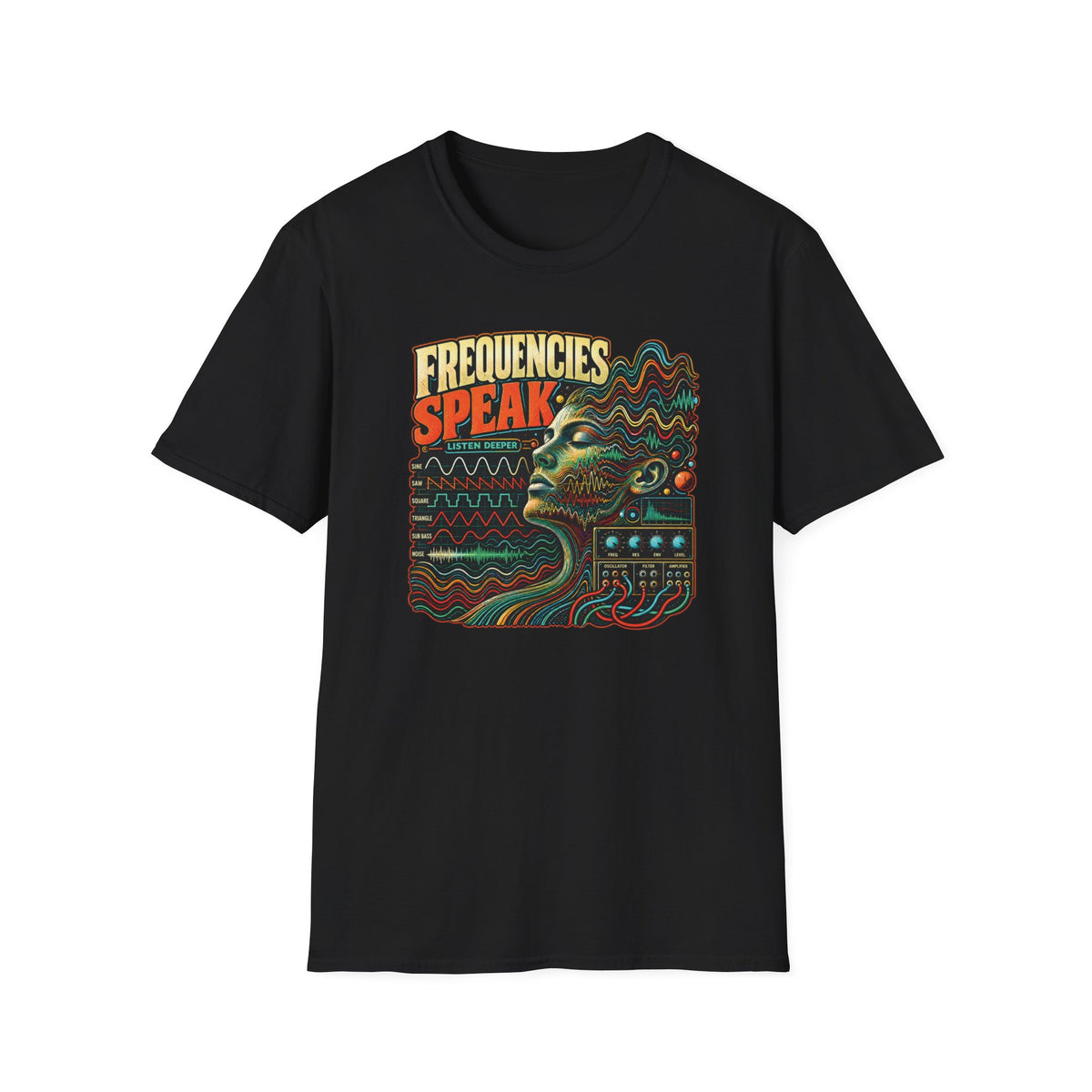 Black Frequencies Speak T-shirt with a profile formed by waves above synthesizer controls.