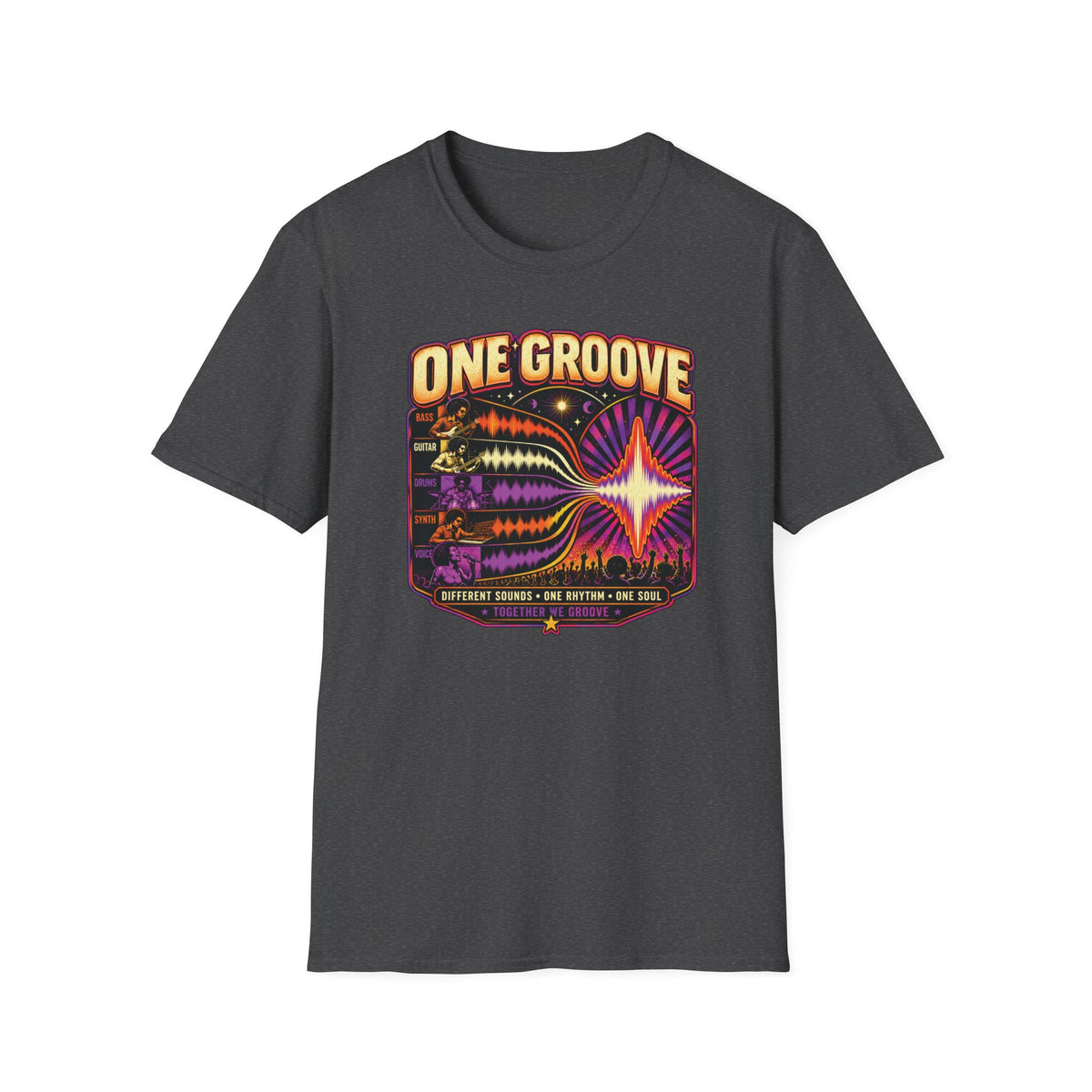 Dark heather gray One Groove T-shirt with instrument waveforms merging into a shared pulse.