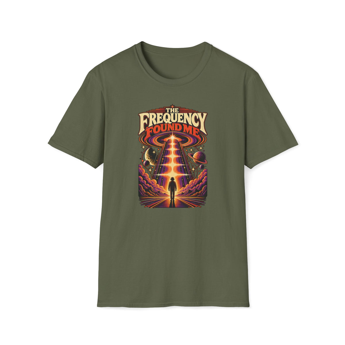 Military green The Frequency Found Me T-shirt with a figure beneath a beam of sound among planets.