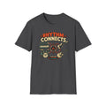 Dark heather gray Rhythm Connects T-shirt with band instruments linked by orange cables and a waveform.