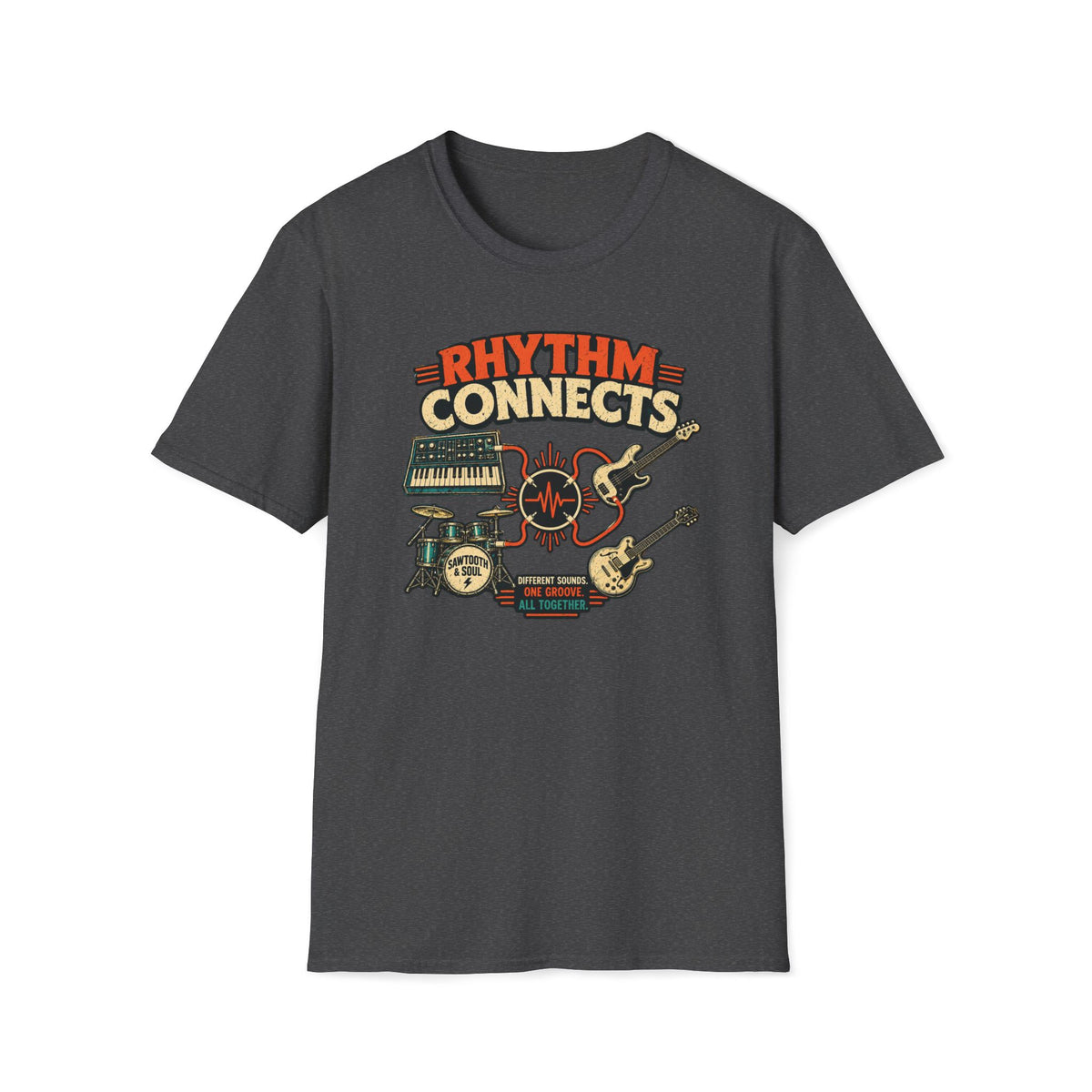 Dark heather gray Rhythm Connects T-shirt with band instruments linked by orange cables and a waveform.