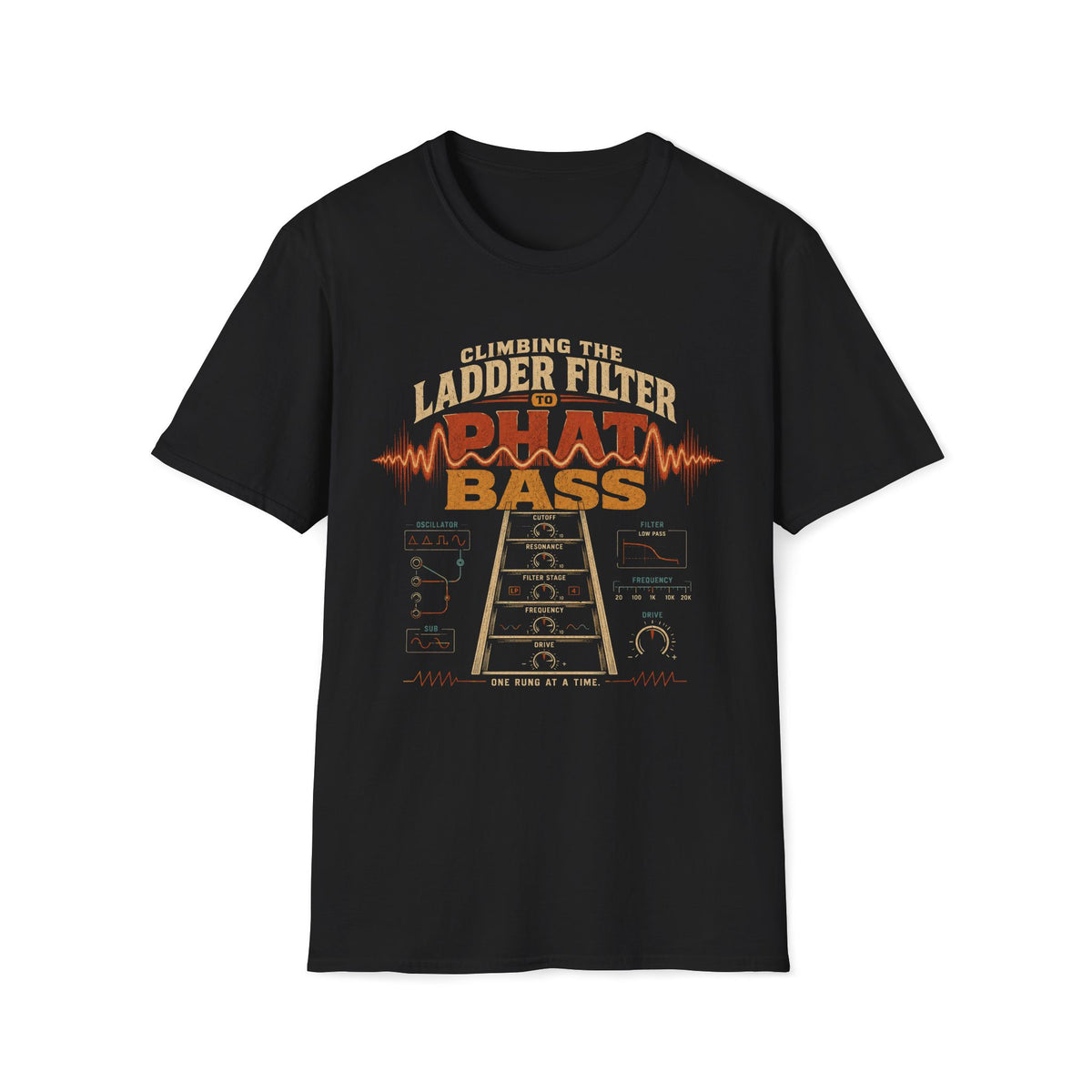 Black Phat Bass T-shirt with a ladder-filter diagram with synth controls.