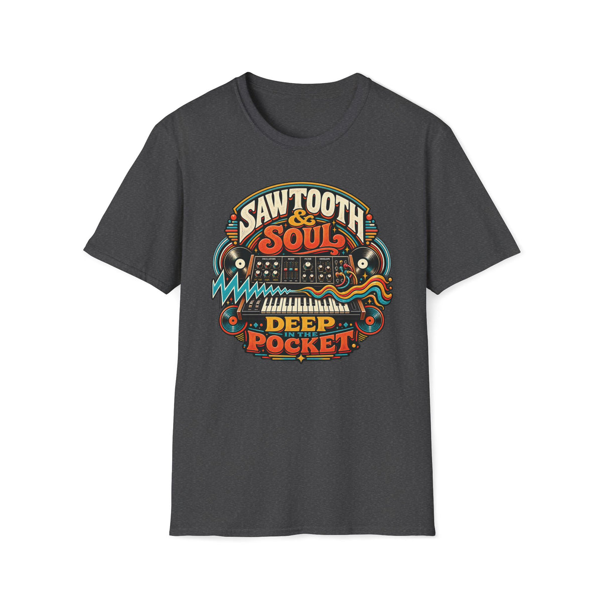 Dark heather gray Deep in the Pocket T-shirt with a synthesizer, records, and electric waveforms.