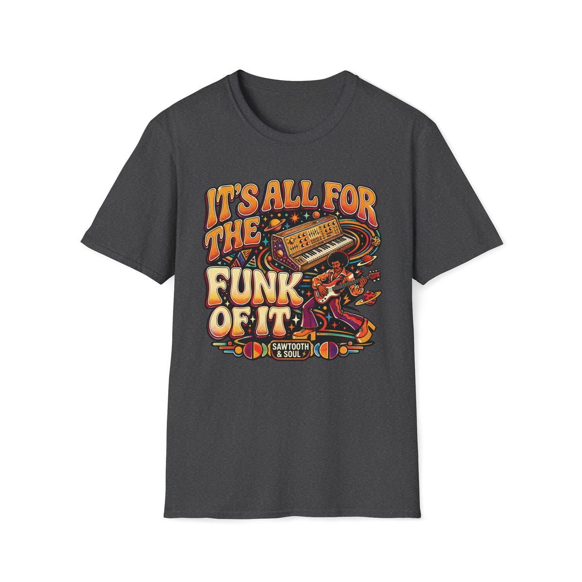 Dark heather gray It’s All for the Funk of It T-shirt with a bass guitarist, synthesizer, and orbiting planets.