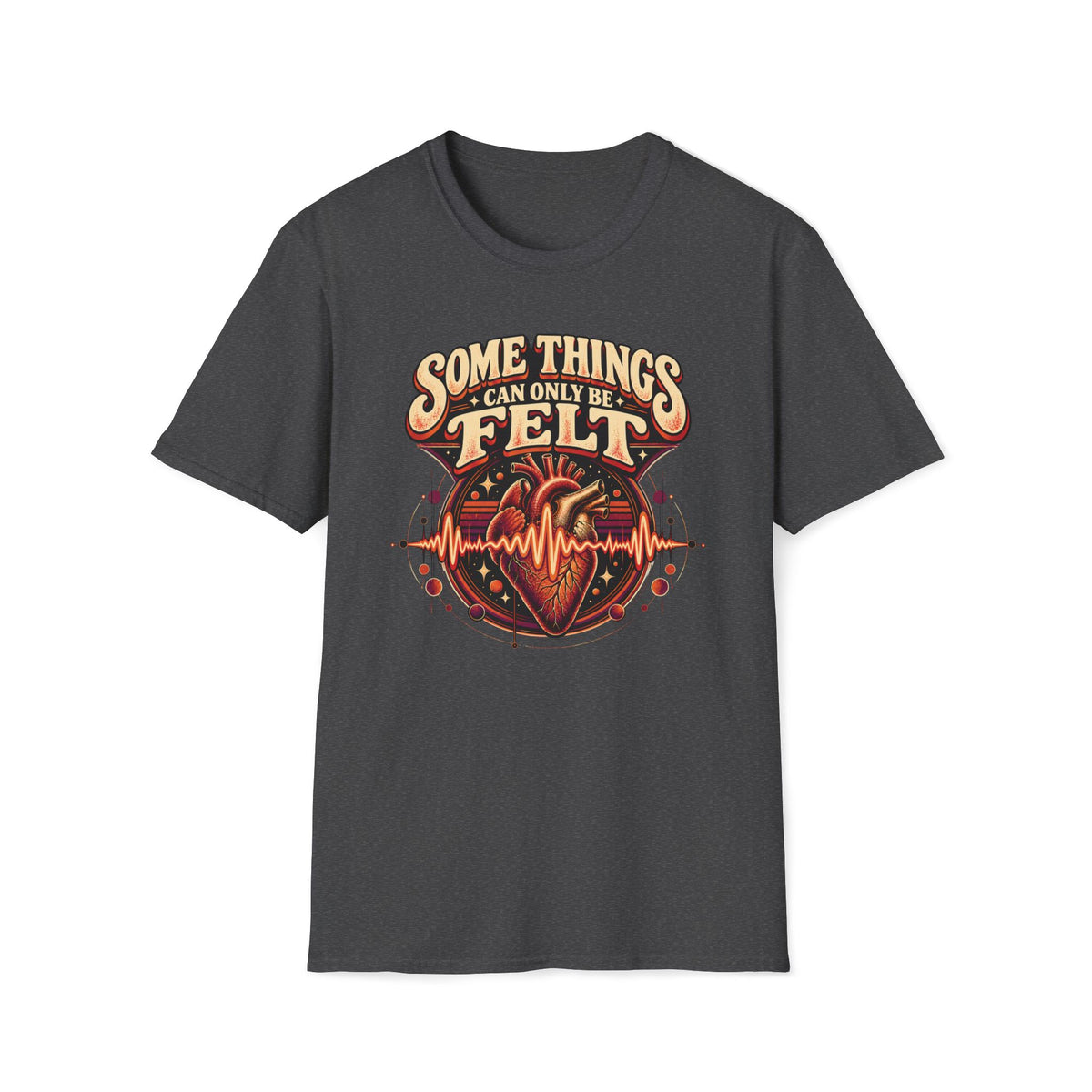 Dark heather gray Some Things Can Only Be Felt T-shirt with an anatomical heart crossed by an audio waveform.