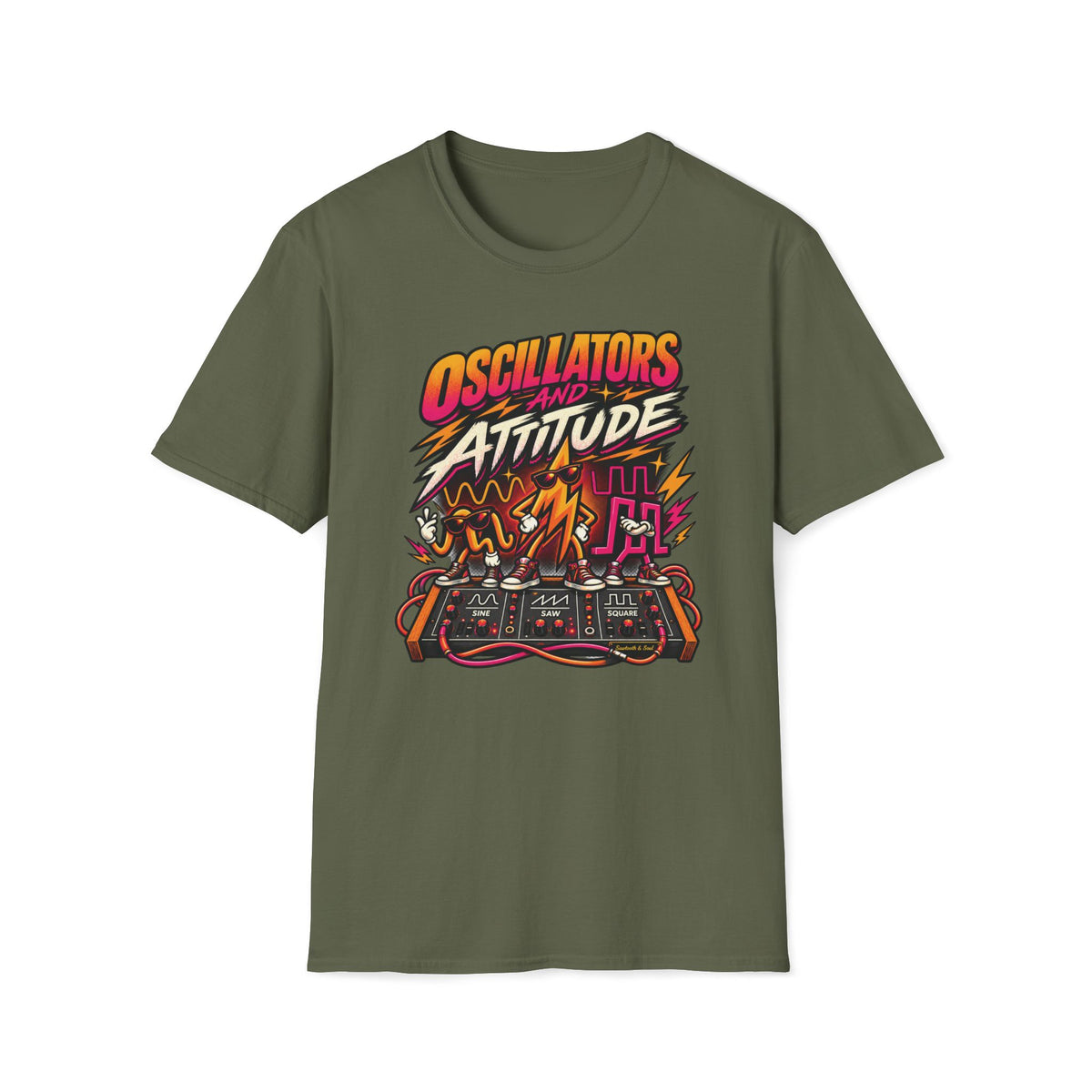 Military green Oscillators and Attitude T-shirt with sine, saw, and square wave characters on a synth panel.