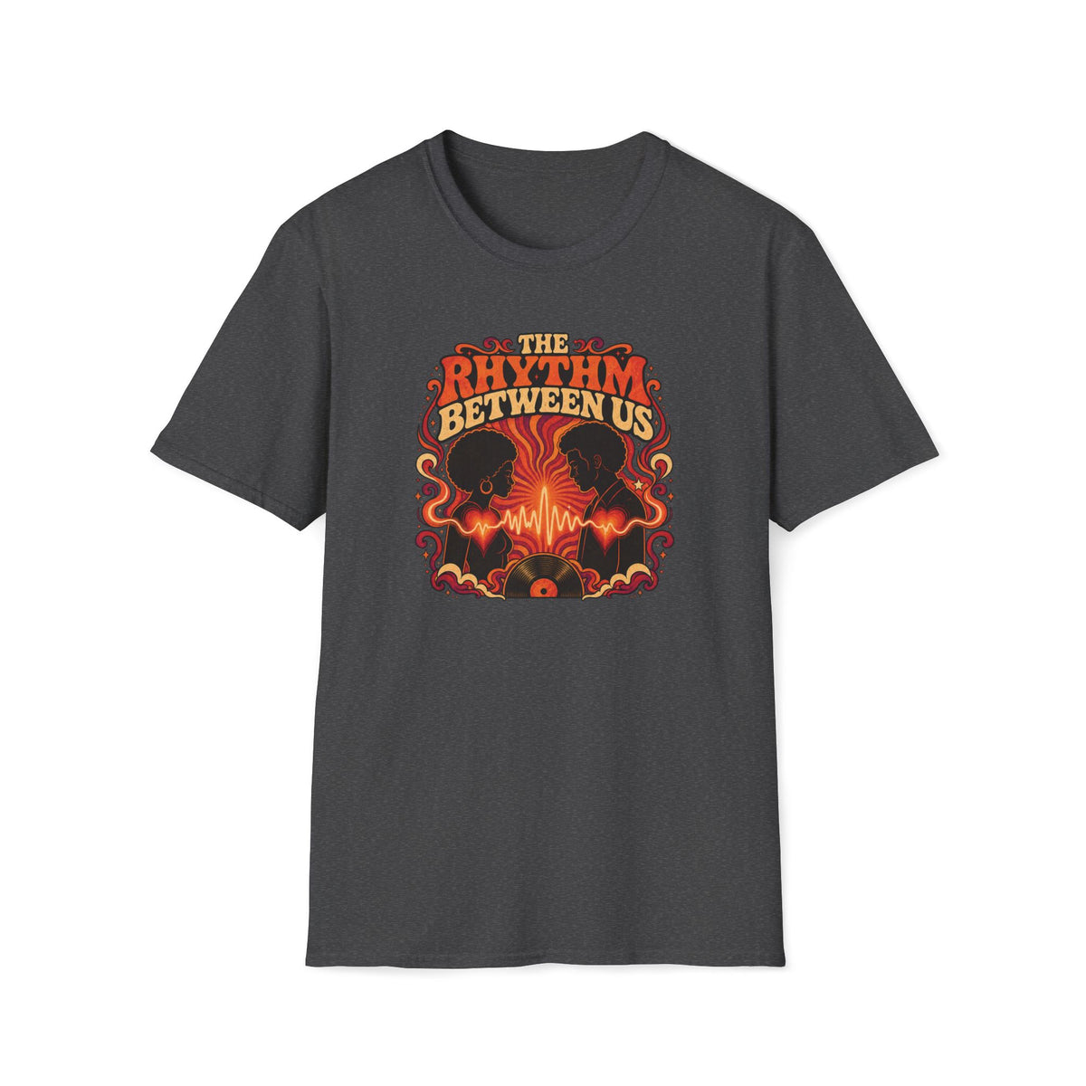 Dark heather gray The Rhythm Between Us T-shirt with two facing portraits, glowing hearts, and a vinyl record.