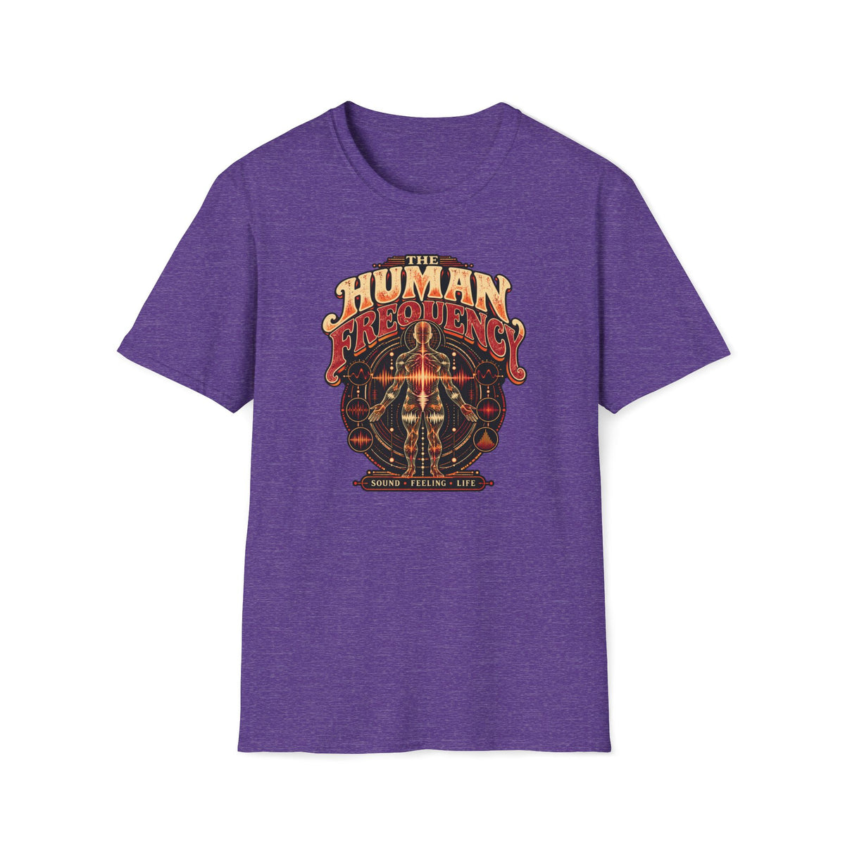 Heather purple The Human Frequency T-shirt with an anatomical figure inside frequency diagrams.