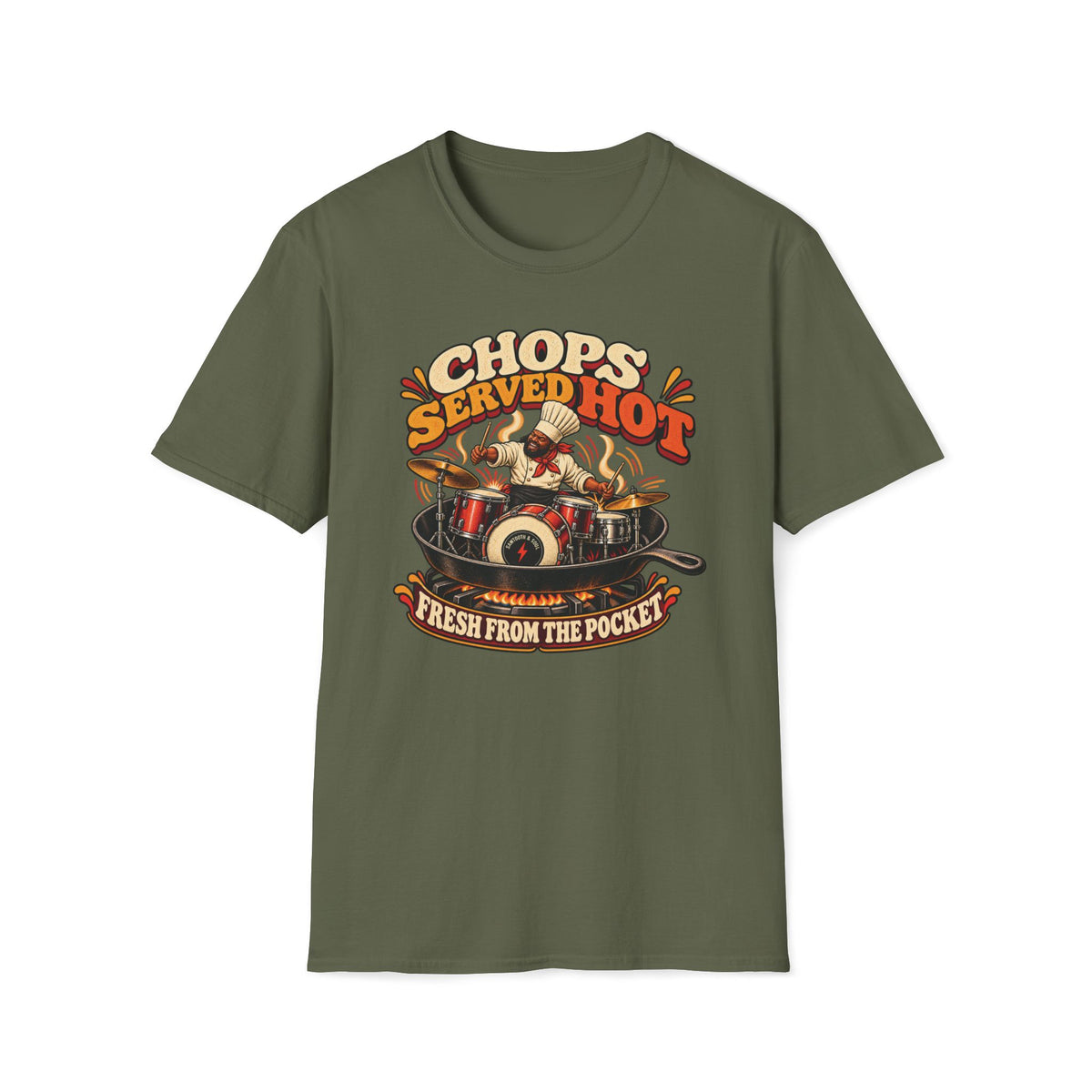 Chops Served Hot T-Shirt — Retro Funk Drummer Graphic Tee