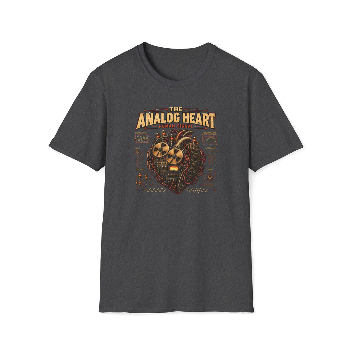 Dark heather gray The Analog Heart T-shirt with a mechanical heart built from tape reels and tubes.