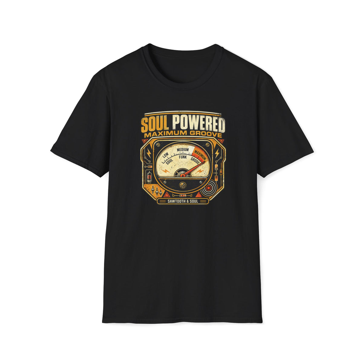 Black Maximum Groove T-shirt with a vintage meter pushed into the Maximum Groove zone.
