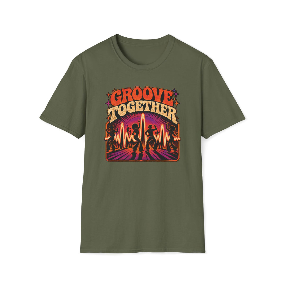 Military green Groove Together T-shirt with dancers, a glowing waveform, and a radiating dance floor.