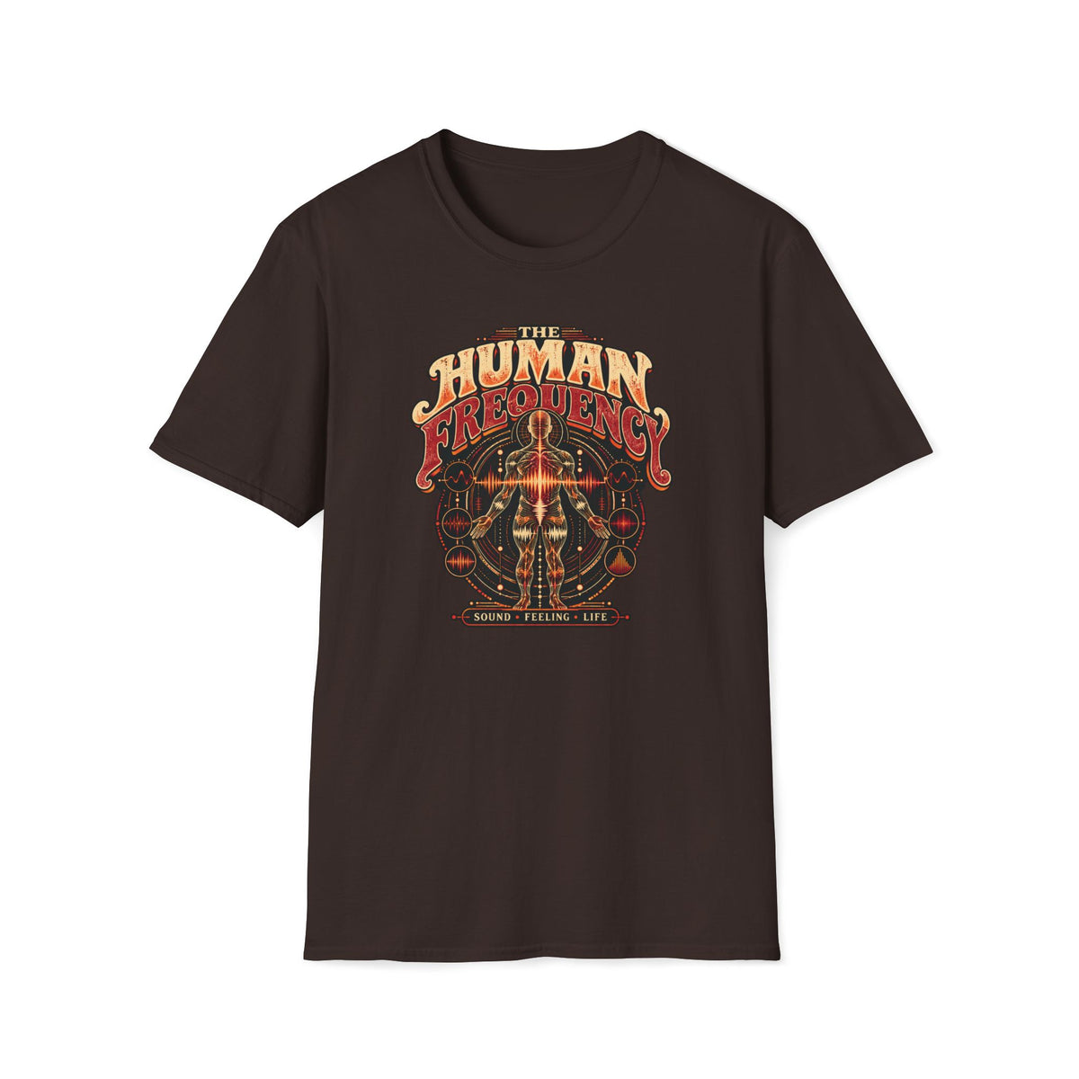 Dark brown The Human Frequency T-shirt with an anatomical figure inside frequency diagrams.