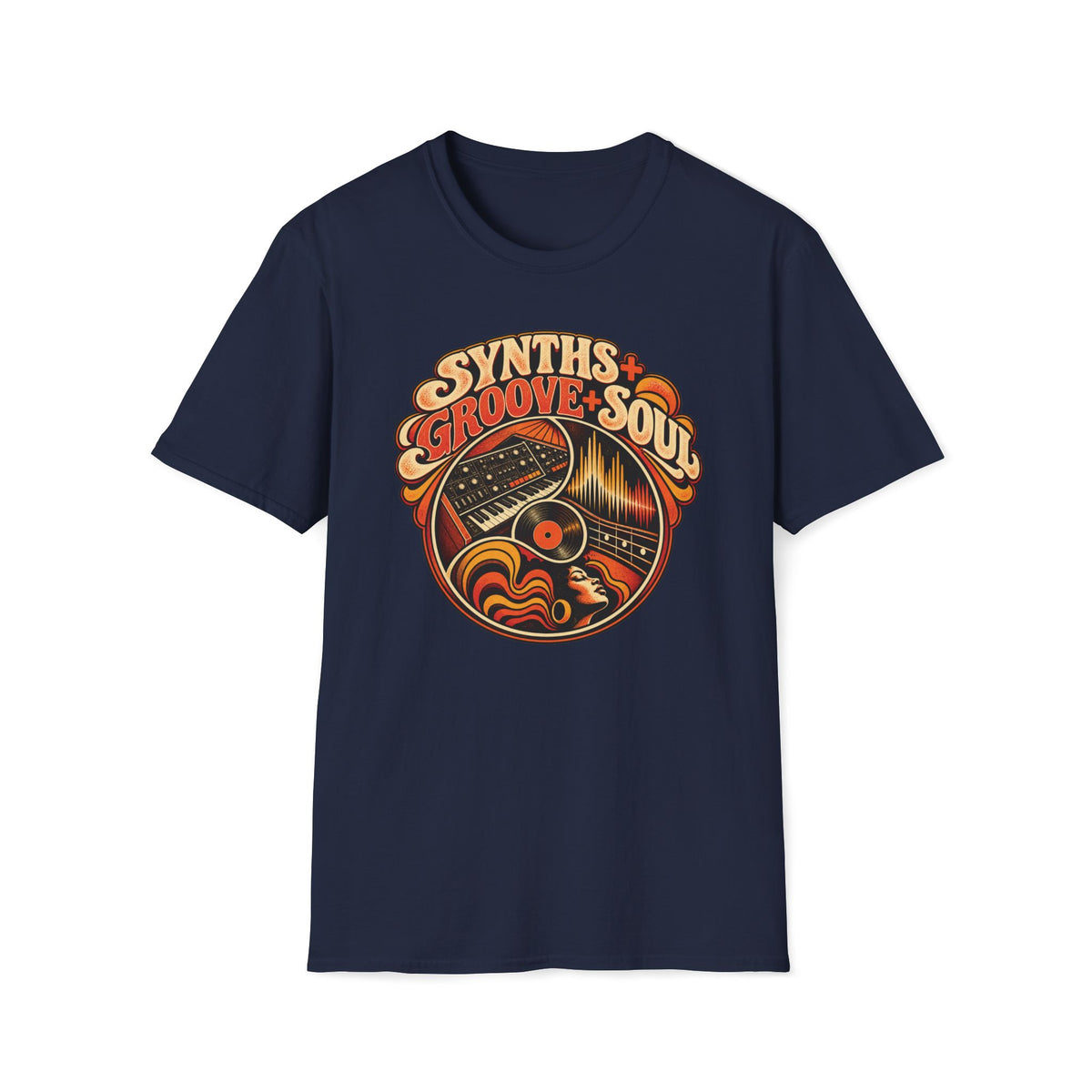 Navy Synths, Groove & Soul T-shirt with a synthesizer, vinyl record, and glowing waveform.