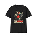 Black The Groove Above All Else T-shirt with an anatomical heart merged with a vinyl record and tonearm.