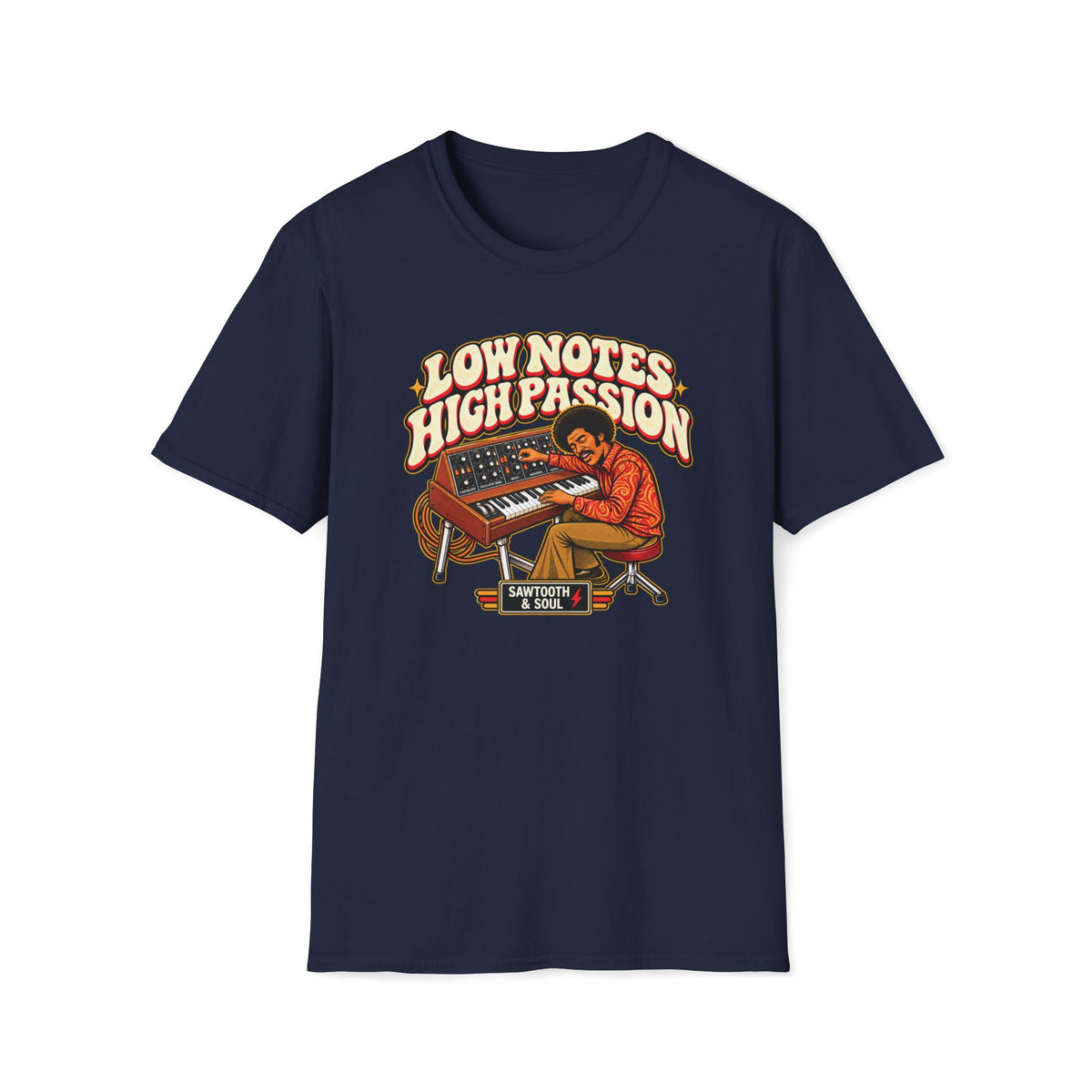 Navy Low Notes High Passion T-shirt with a seated synth player playing keys and adjusting controls.