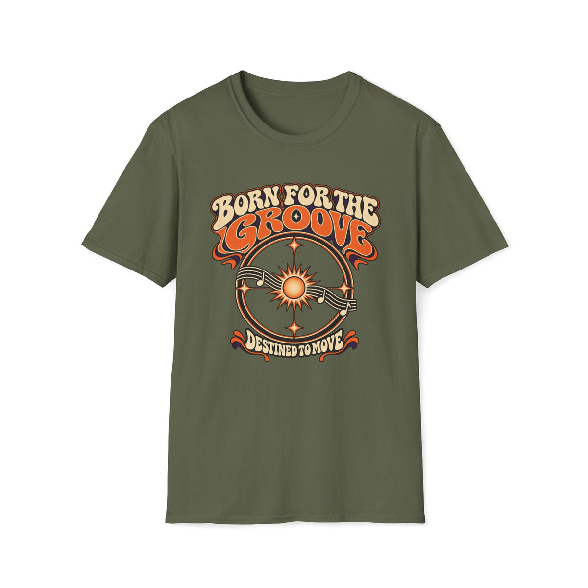 Military green Born for the Groove T-shirt with a radiant sun, orbit rings, and a musical staff.