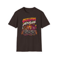 Dark brown Oscillators and Attitude T-shirt with sine, saw, and square wave characters on a synth panel.