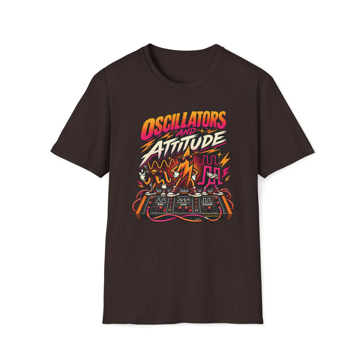 Dark brown Oscillators and Attitude T-shirt with sine, saw, and square wave characters on a synth panel.