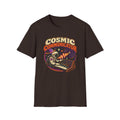 Dark brown Cosmic Communicator T-shirt with an astronaut playing a synthesizer among planets.