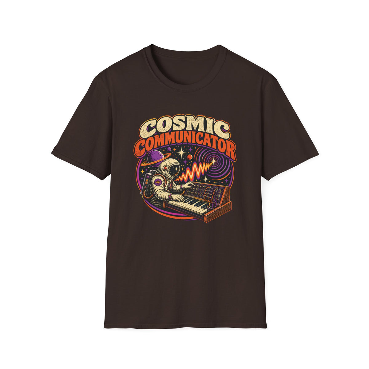 Dark brown Cosmic Communicator T-shirt with an astronaut playing a synthesizer among planets.