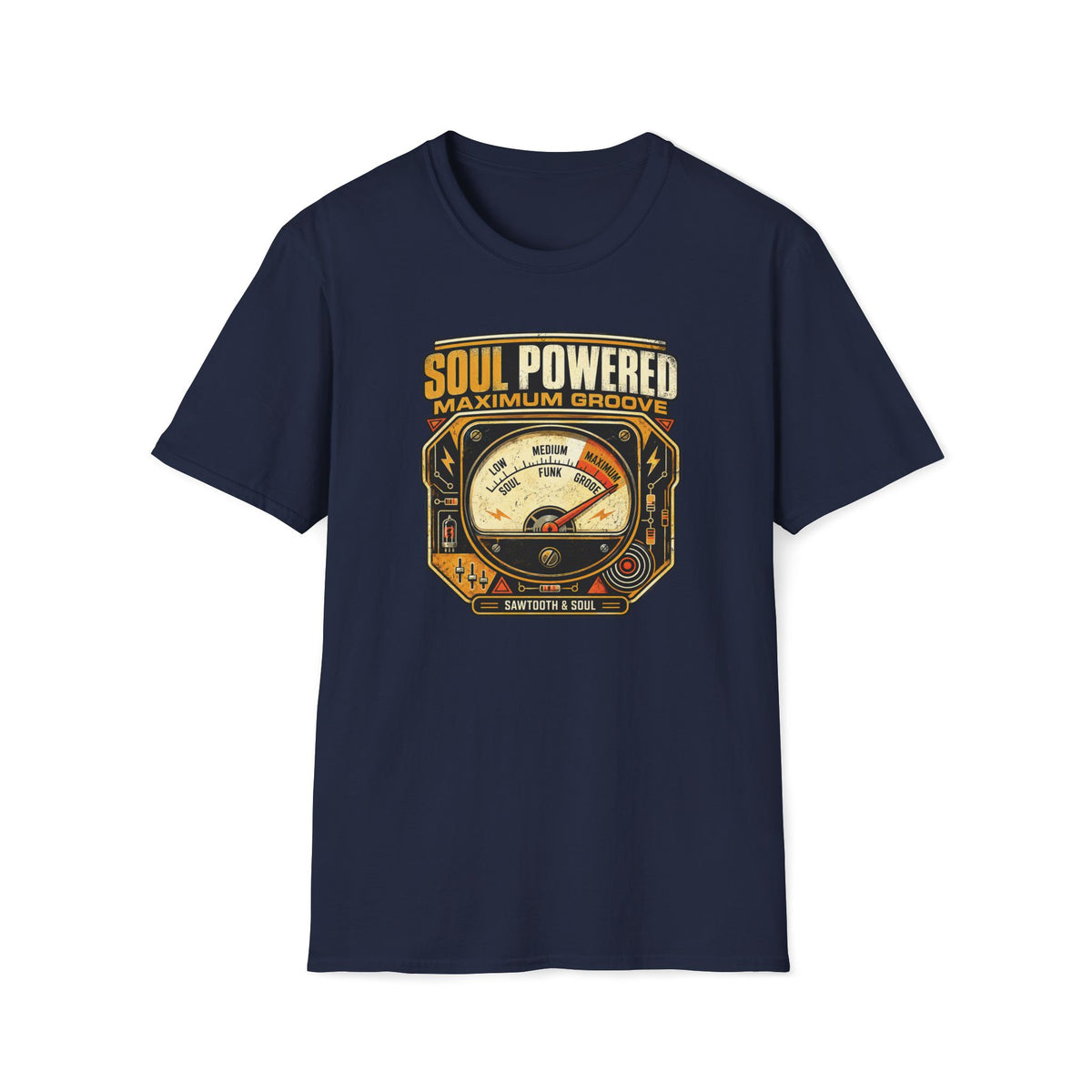 Navy Maximum Groove T-shirt with a vintage meter pushed into the Maximum Groove zone.