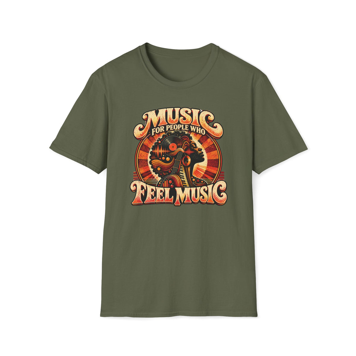 Military green Music for People Who Feel Music T-shirt with a listener framed by a sunburst and vinyl-inspired shapes.