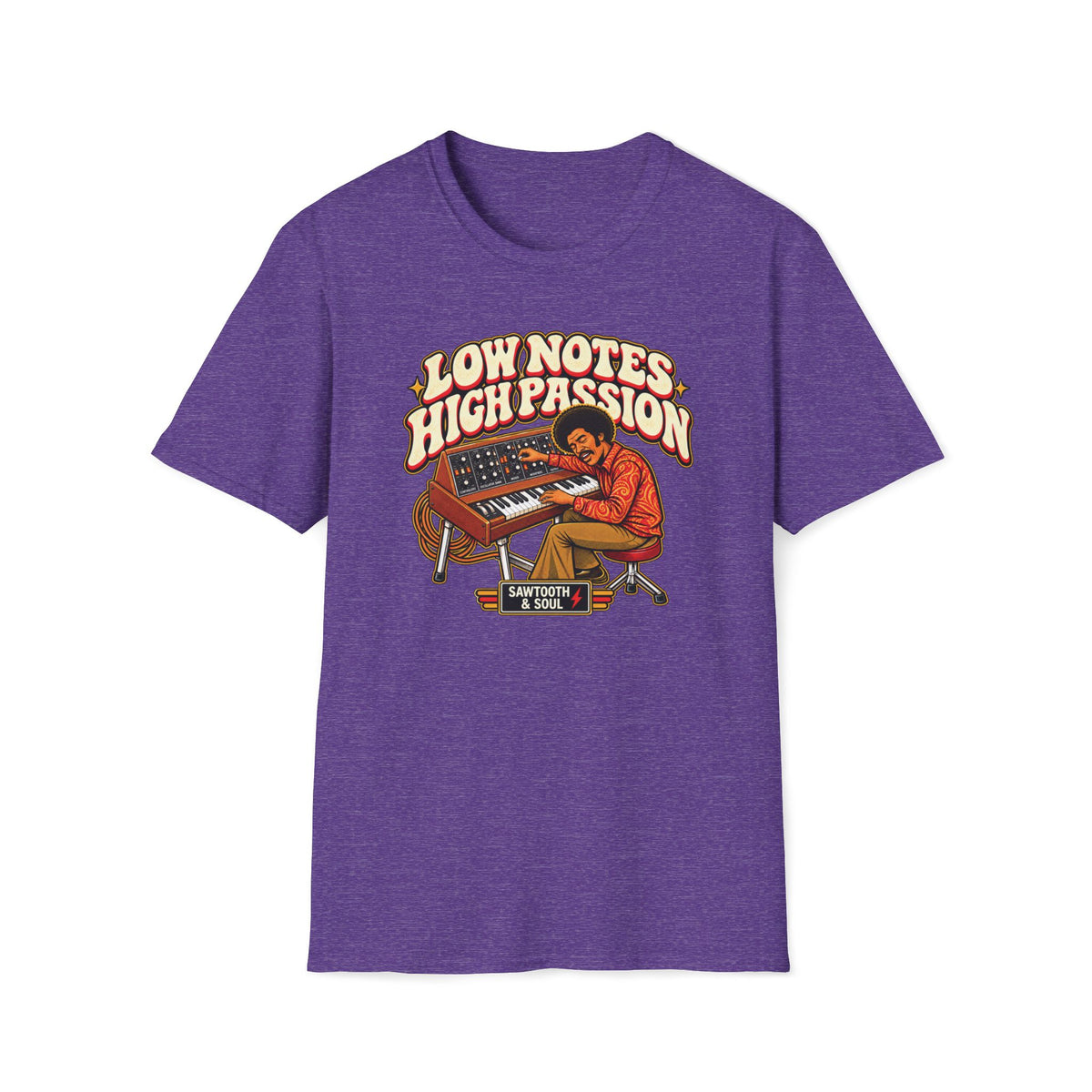 Heather purple Low Notes High Passion T-shirt with a seated synth player playing keys and adjusting controls.