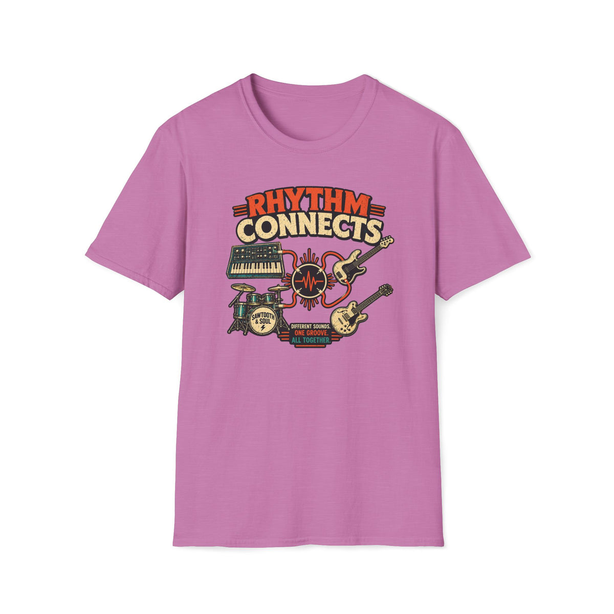 Heather radiant orchid Rhythm Connects T-shirt with band instruments linked by orange cables and a waveform.
