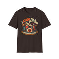 Dark brown I Chop for a Living T-shirt with a drummer in chef whites using kitchen knives as sticks.