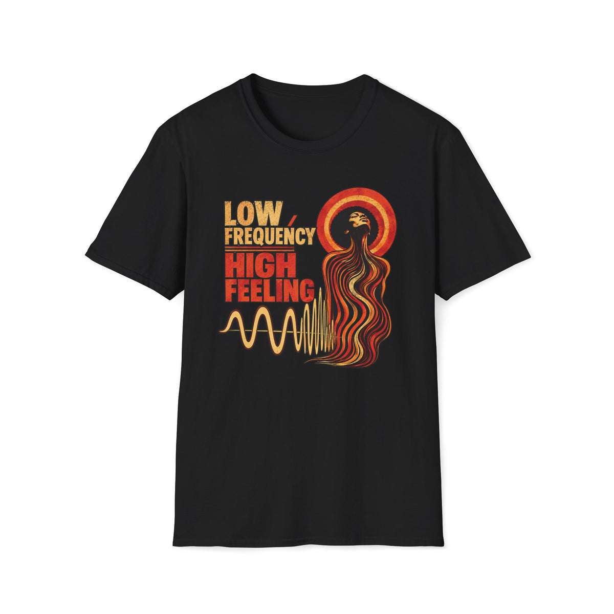 Black Low Frequency High Feeling T-shirt with a soulful figure, halo, and gold waveform.