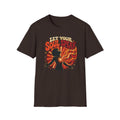 Dark brown Let Your Soul Speak T-shirt with a silhouette with a radiant heart and musical notes.