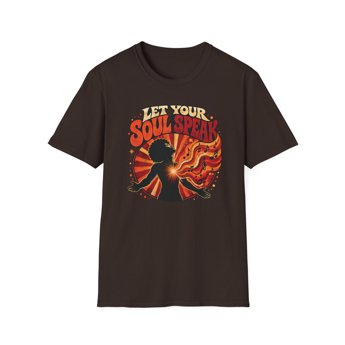 Dark brown Let Your Soul Speak T-shirt with a silhouette with a radiant heart and musical notes.