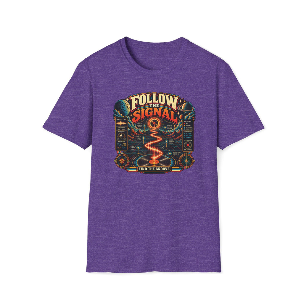 Heather purple Follow the Signal T-shirt with an orange waveform leading through space toward a record.
