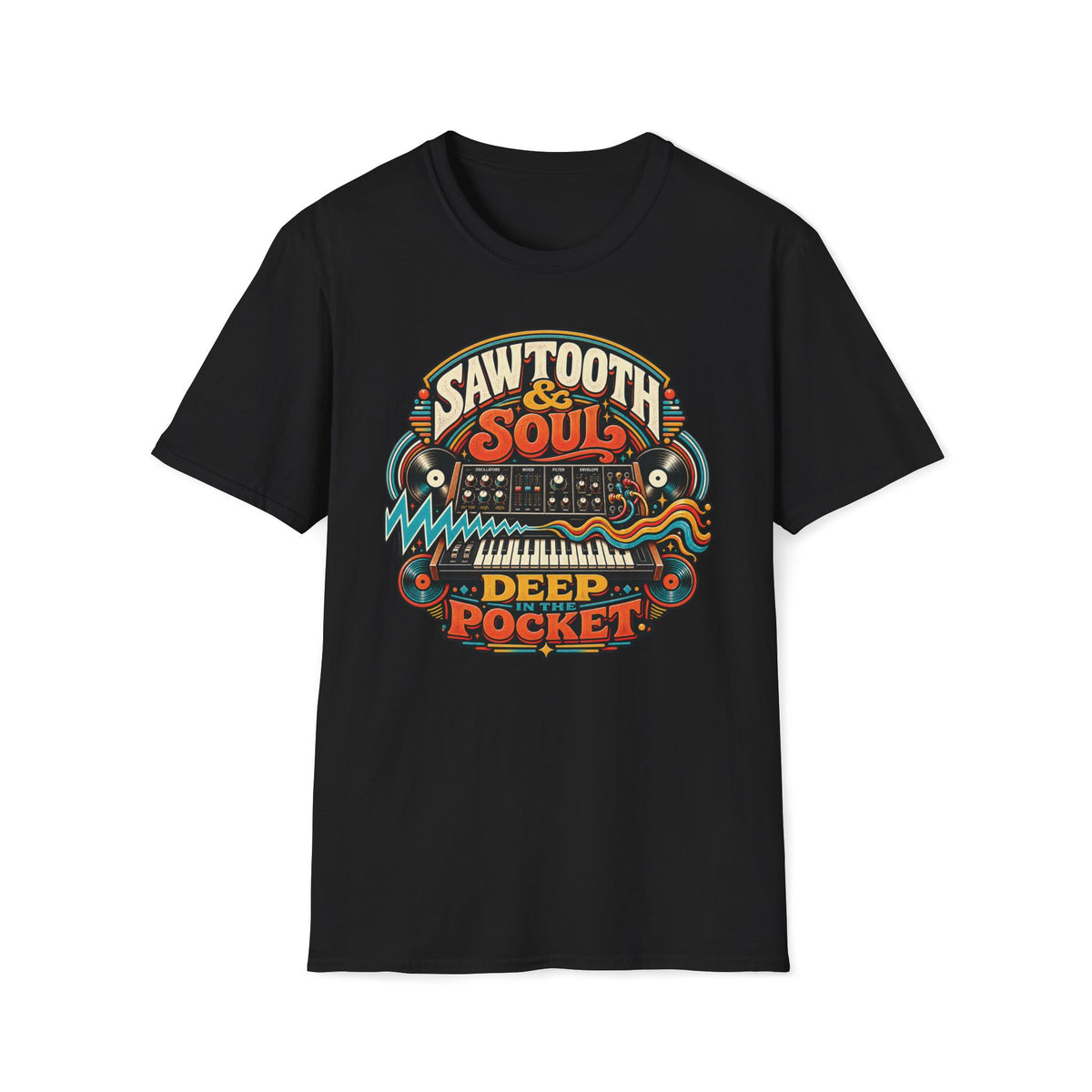 Black Deep in the Pocket T-shirt with a synthesizer, records, and electric waveforms.