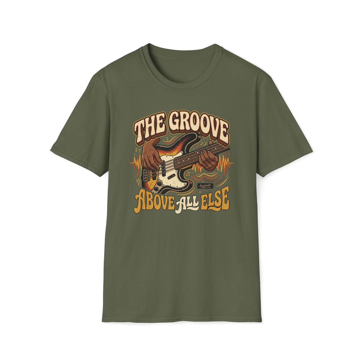 Military green The Groove Above All Else T-shirt with hands playing a sunburst bass with flowing rhythm lines.