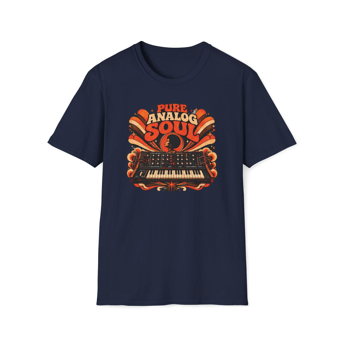 Navy Pure Analog Soul T-shirt with a vintage synthesizer, Afro portrait, and sunburst ribbons.