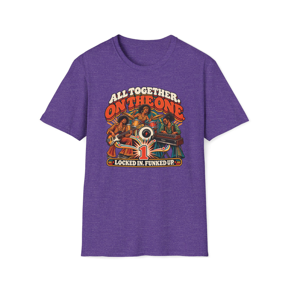 Heather purple All Together on the One T-shirt with a bassist, drummer, and synth player above a large one.