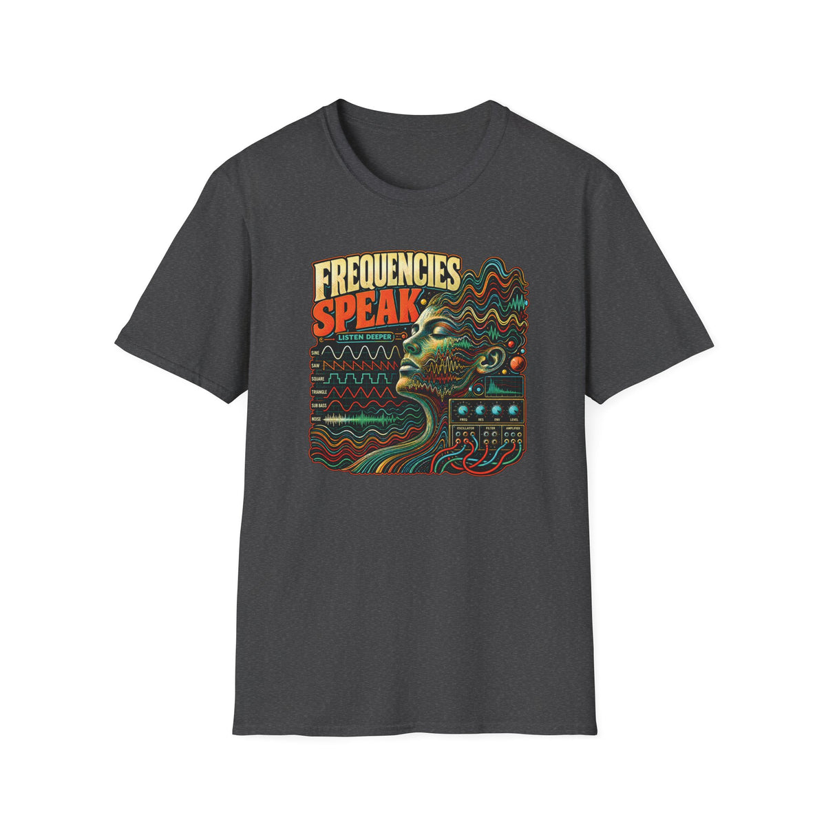 Dark heather gray Frequencies Speak T-shirt with a profile formed by waves above synthesizer controls.