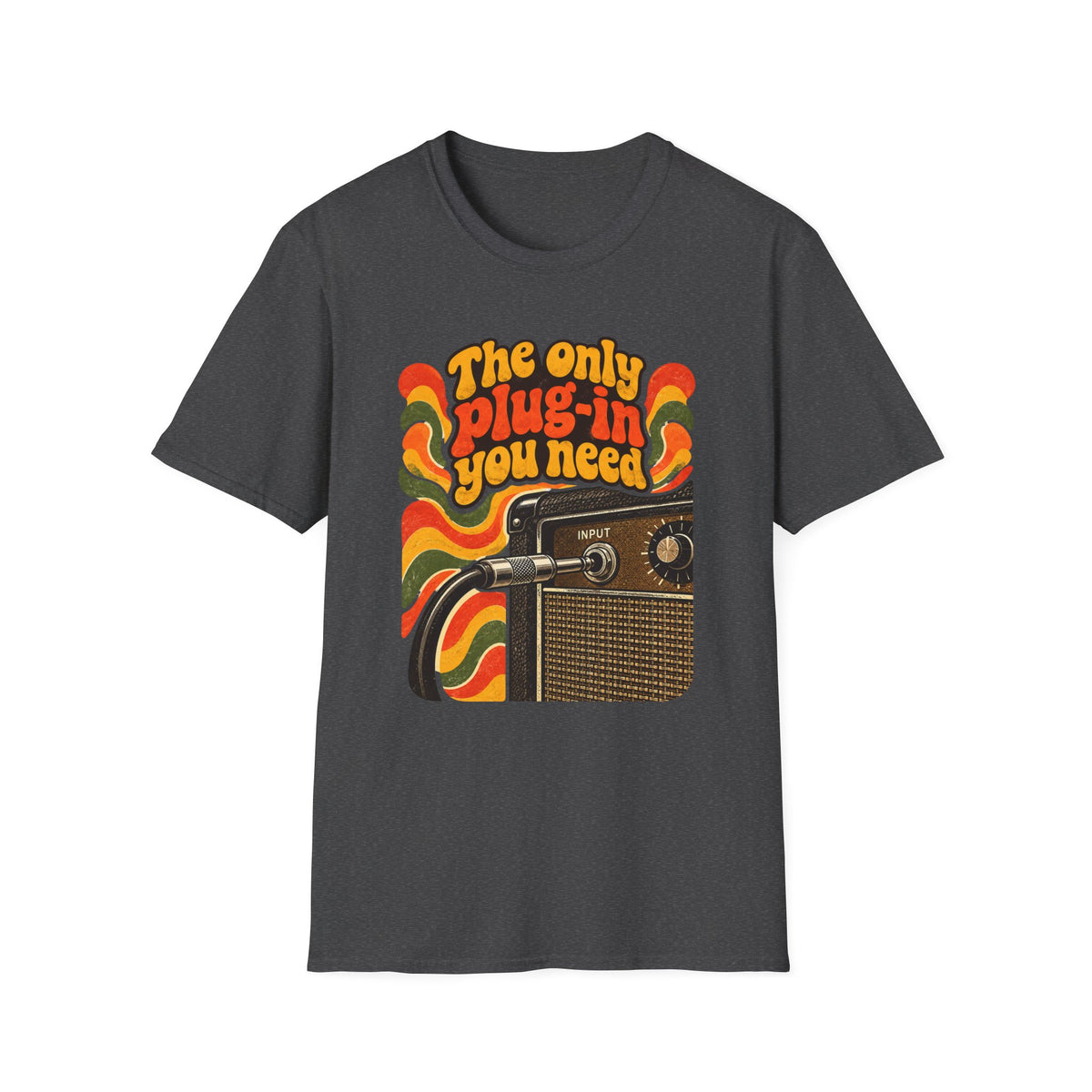 Dark heather gray The Only Plug-In You Need T-shirt with a vintage guitar amplifier and plugged-in cable.