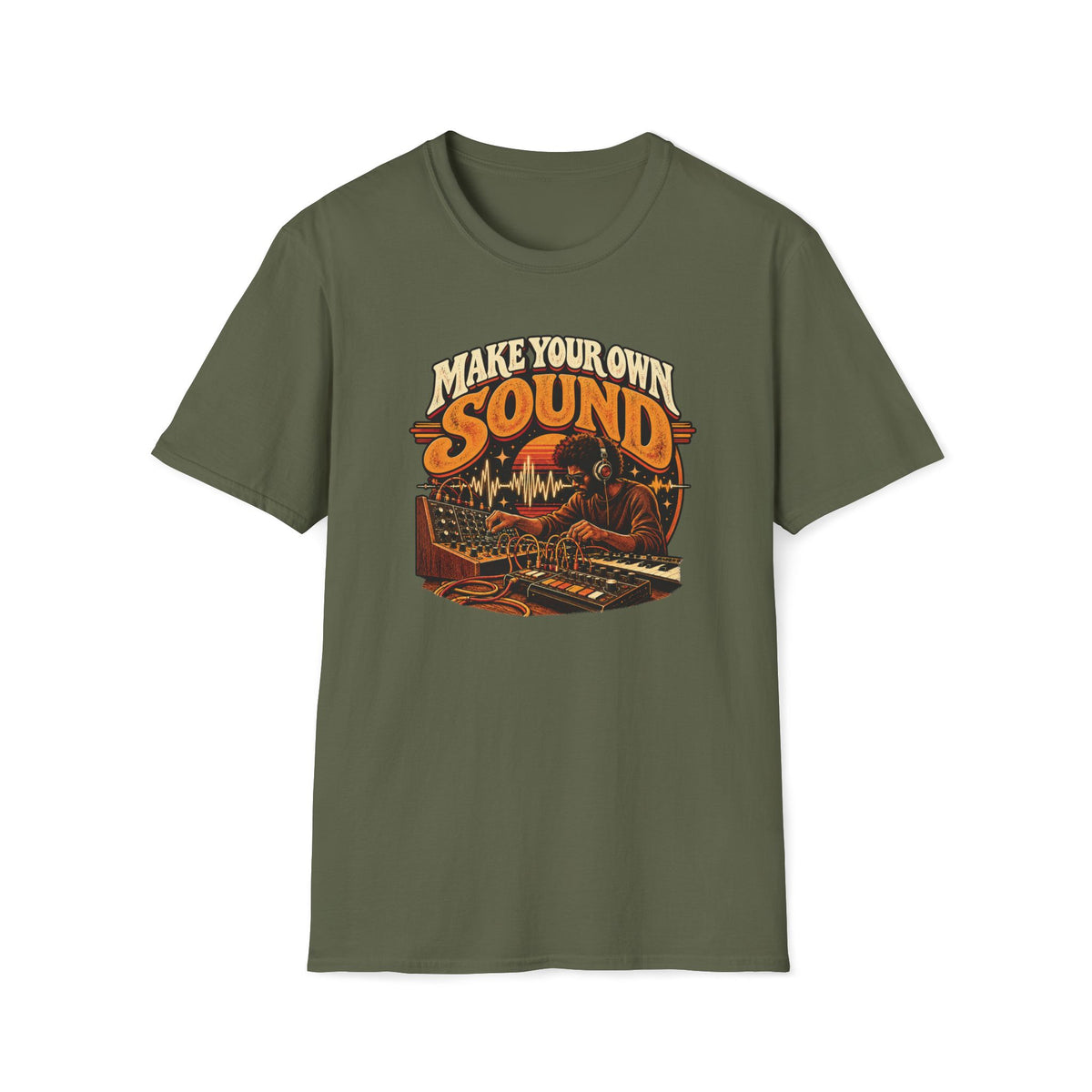 Military green Make Your Own Sound T-shirt with a musician working with synthesizers and patch cables.