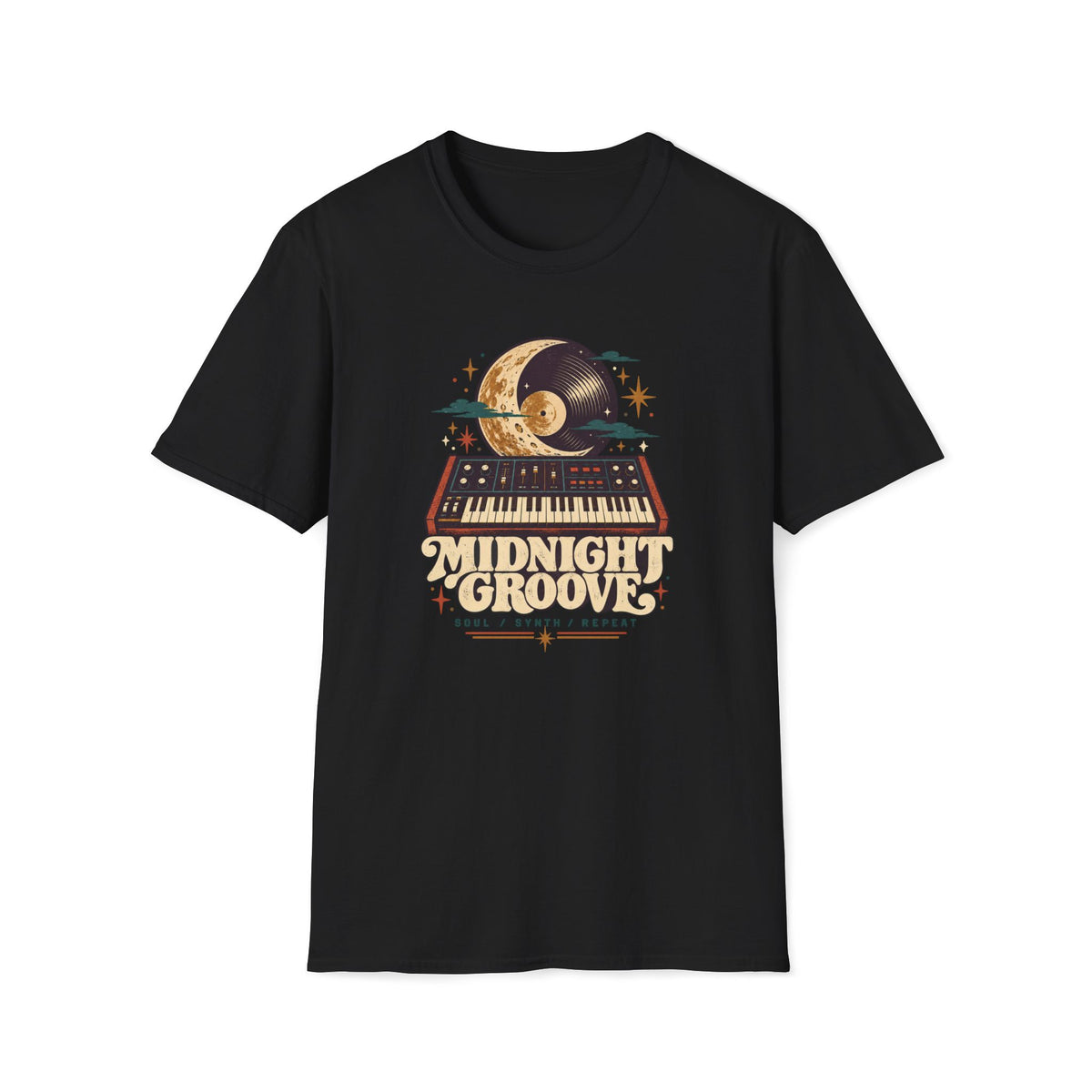 Black Midnight Groove T-shirt with a synthesizer below a crescent moon and vinyl record.