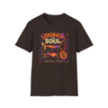 Dark brown Signal to Soul T-shirt with a satellite dish sending a waveform toward a portrait.