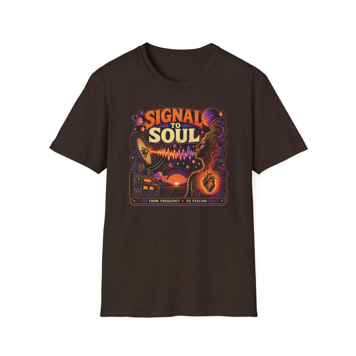 Dark brown Signal to Soul T-shirt with a satellite dish sending a waveform toward a portrait.