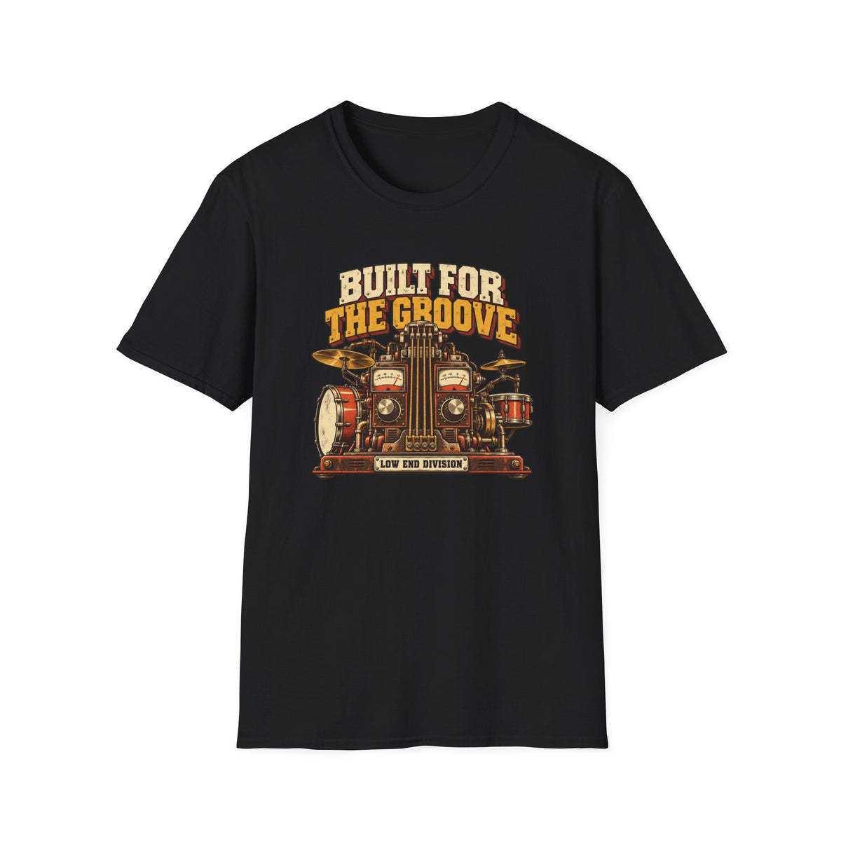 Black Built for the Groove T-shirt with bass strings, drums, synth knobs, and analog meters.