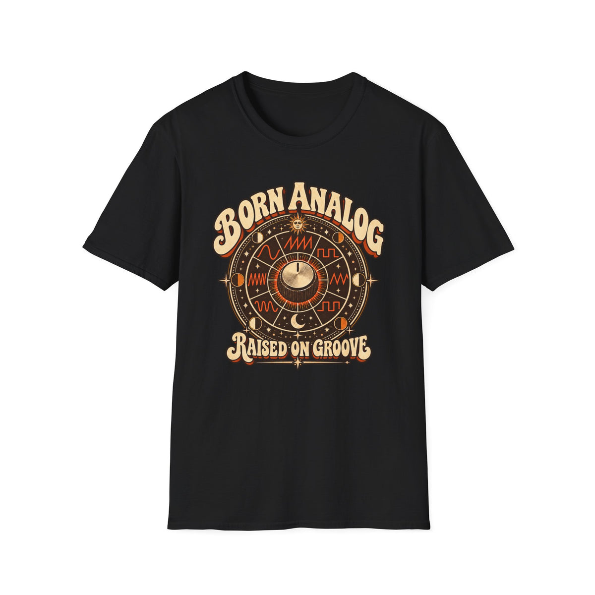 Black Born Analog T-shirt with a control knob, waveforms, and cosmic symbols.