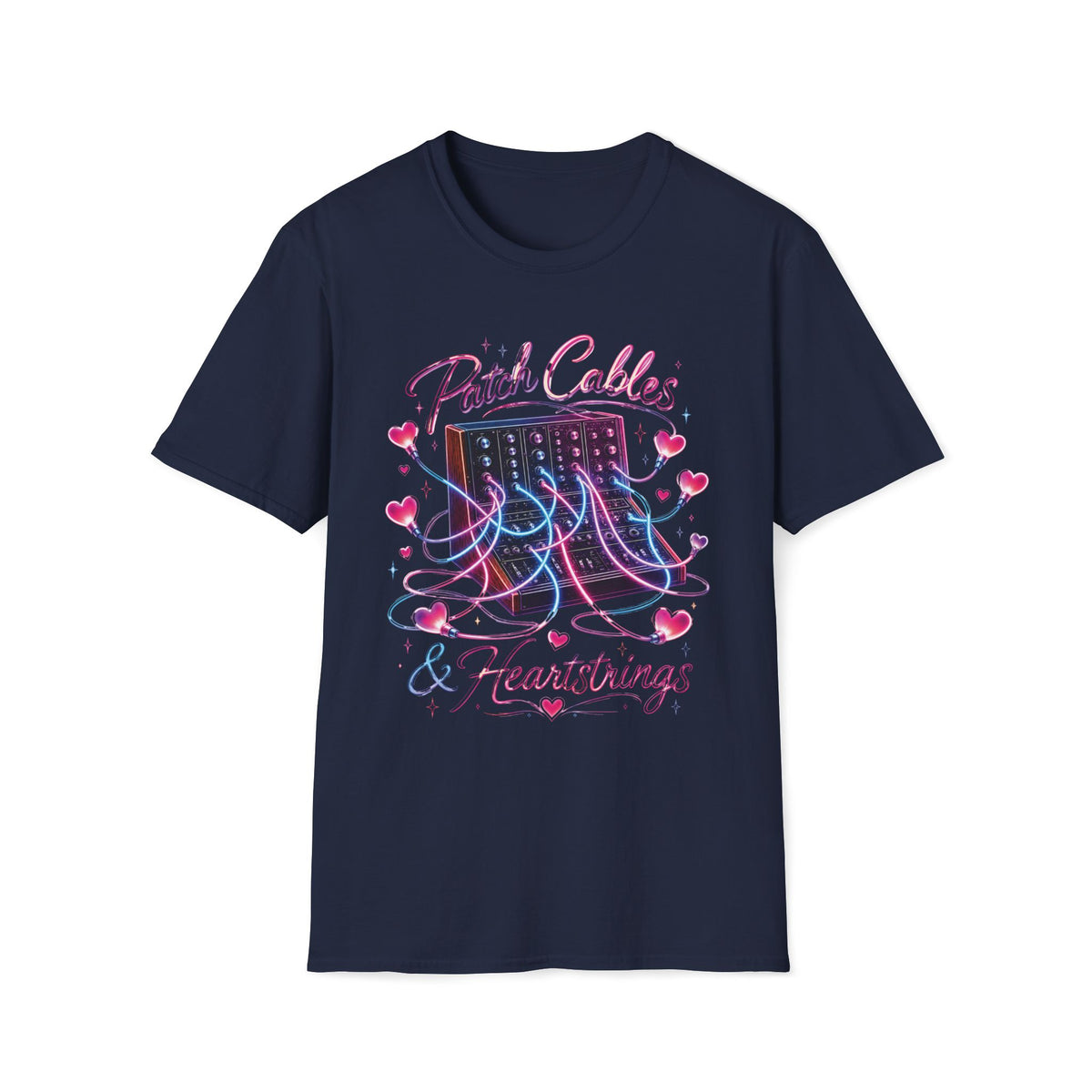 Navy Neon Patch Cables & Heartstrings T-shirt with a synthesizer with pink and blue heart-shaped cables.