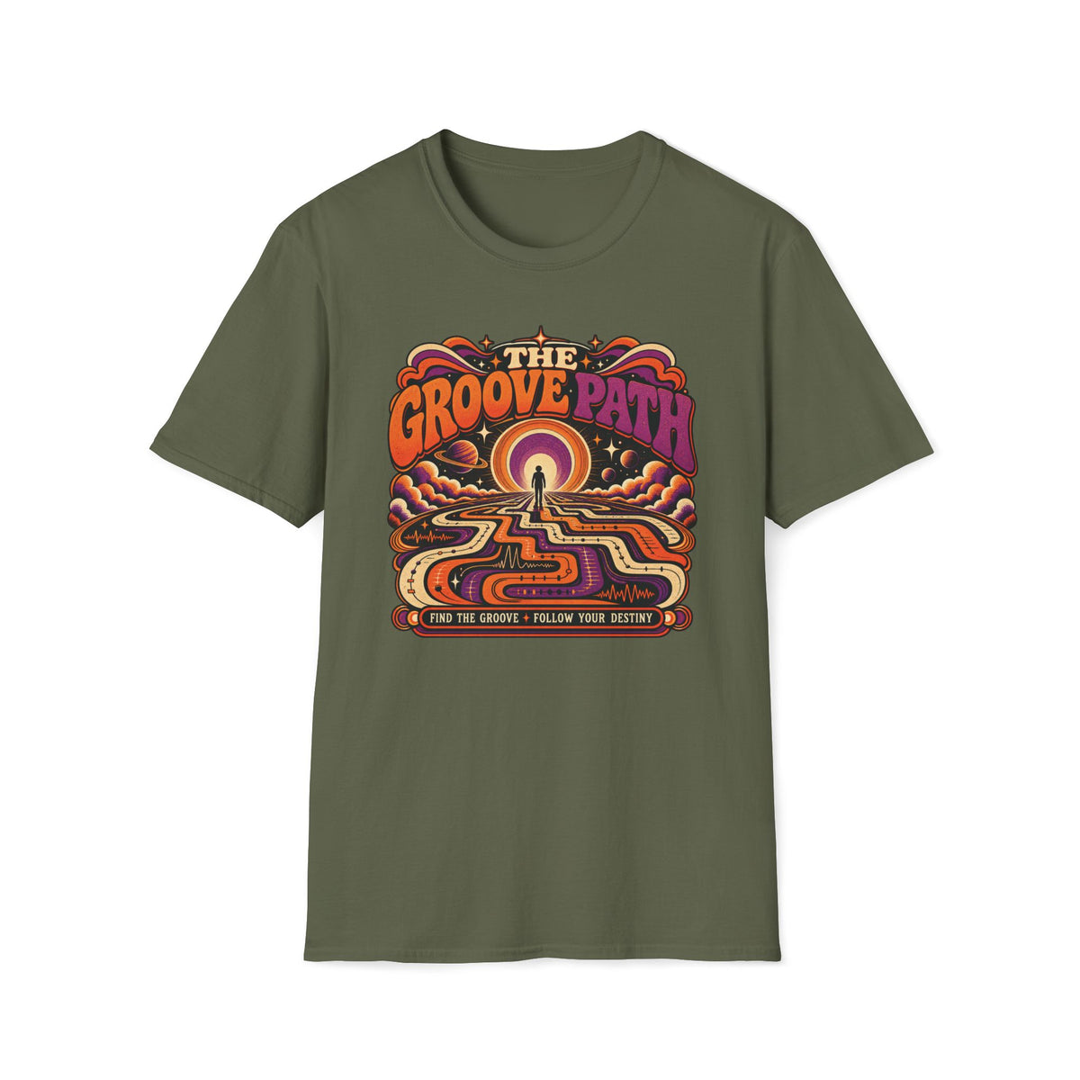 Military green The Groove Path T-shirt with a traveler on a winding waveform path toward a cosmic horizon.